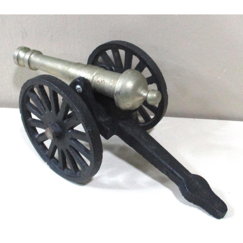 Vintage Style Miniature Metal Cannon Model Brass Finish Barrel Black Wheels 7in